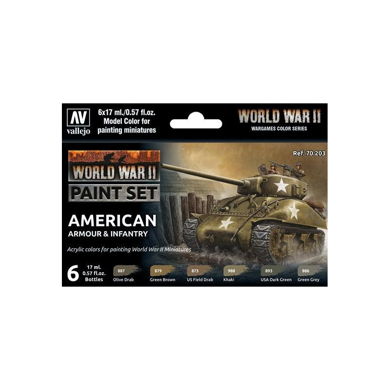 SET COLORES SET AMERICAN ARMOUR & INFANTRY -6 botes- Acrylicos Vallejo 70203